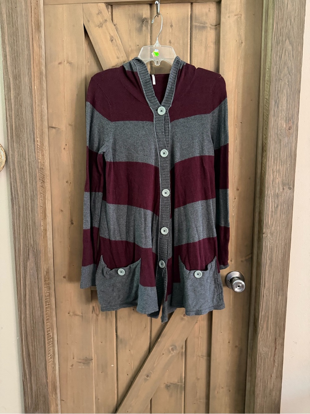 Free People Hooded Striped Button-Front Cardigan - Burgundy & Gray size M